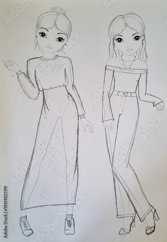 Fashion sketch of two girls in cute outfits