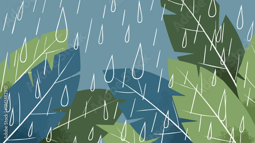 Tropical Rainforest Rain Shower Nature Background | Lush Green Leaves & Water Drops