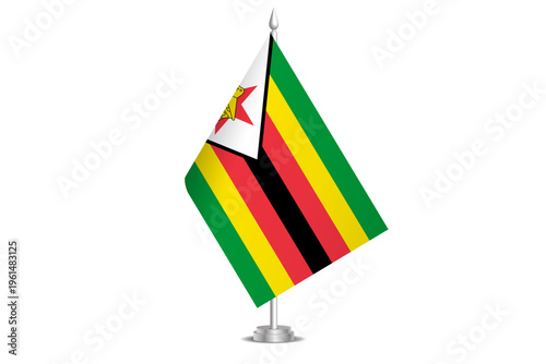 Zimbabwe flag - wavy stick flag of country, cultural identity and heritage. Represents national pride and unity. Vector table flag hanged on the short hoist. Isolated on white background