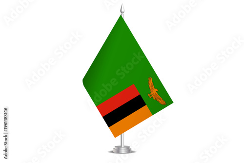 Zambia flag - wavy stick flag of country, cultural identity and heritage. Represents national pride and unity. Vector table flag hanged on the short hoist. Isolated on white background.