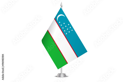 Uzbekistan flag - wavy stick flag of country, cultural identity and heritage. Represents national pride and unity. Vector table flag hanged on the short hoist. Isolated on white background