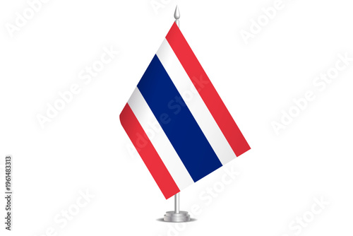Thailand flag - wavy stick flag of country, cultural identity and heritage. Represents national pride and unity. Vector table flag hanged on the short hoist. Isolated on white background
