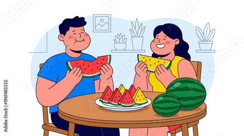 Joyful man and woman happily eating refreshing watermelon slices, sharing a delightful summer fruit experience at home, celebrating healthy lifestyle and fresh produce