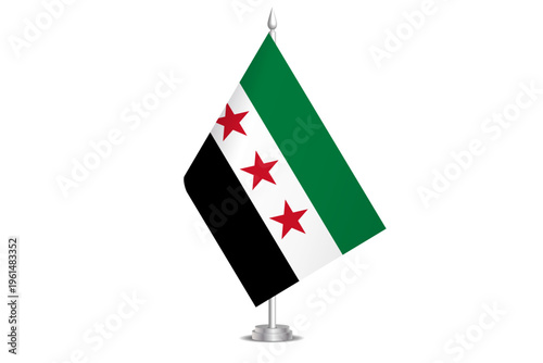 Syria flag - wavy stick flag of country, cultural identity and heritage. Represents national pride and unity. Vector table flag hanged on the short hoist. Isolated on white background