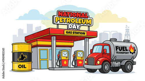 Celebrate National Petroleum Day with a Vibrant Illustration of a Gas Station, Oil Barrel, and Fuel Transport Truck