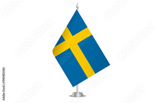 Sweden flag - wavy stick flag of country, cultural identity and heritage. Represents national pride and unity. Vector table flag hanged on the short hoist. Isolated on white background