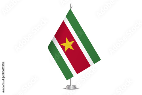 Suriname flag - wavy stick flag of country, cultural identity and heritage. Represents national pride and unity. Vector table flag hanged on the short hoist. Isolated on white background