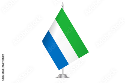 Sierra Leone flag - wavy stick flag of country, cultural identity and heritage. Represents national pride and unity. Vector table flag hanged on the short hoist. Isolated on white background