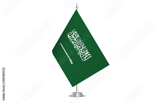 Saudi Arabia flag - wavy stick flag of country, cultural identity and heritage. Represents national pride and unity. Vector table flag hanged on the short hoist. Isolated on white background