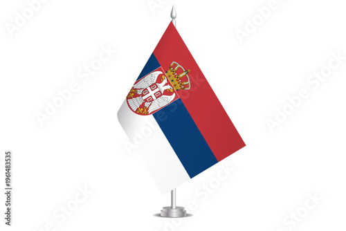 Serbia flag - wavy stick flag of country, cultural identity and heritage. Represents national pride and unity. Vector table flag hanged on the short hoist. Isolated on white background