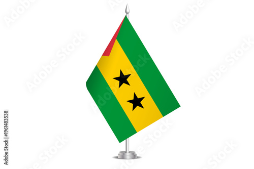 Sao Tome and Principe flag - wavy stick flag of country, cultural identity and heritage. Represents national pride and unity. Vector table flag hanged on the short hoist. Isolated on white background