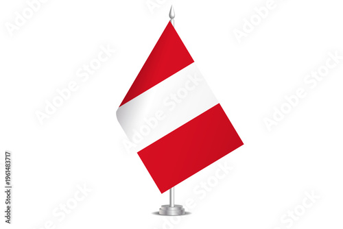 Peru flag - wavy stick flag of country, cultural identity and heritage. Represents national pride and unity. Vector table flag hanged on the short hoist. Isolated on white background