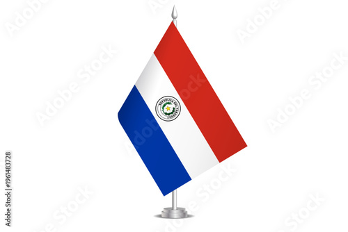 Paraguay flag - wavy stick flag of country, cultural identity and heritage. Represents national pride and unity. Vector table flag hanged on the short hoist. Isolated on white background