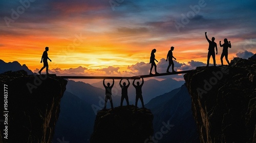 Silhouette of a team helping each other cross a chasm between mountains a concept of teamwork and support.