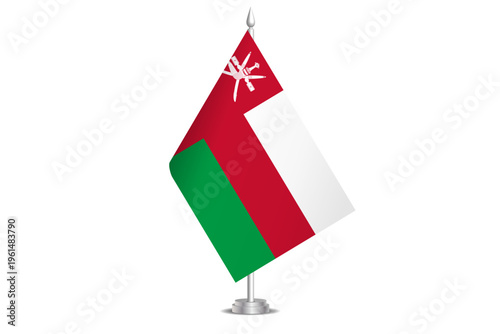 Oman flag - wavy stick flag of country, cultural identity and heritage. Represents national pride and unity. Vector table flag hanged on the short hoist. Isolated on white background