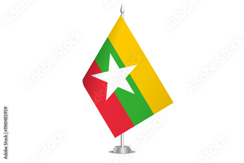 Myanmar flag - wavy stick flag of country, cultural identity and heritage. Represents national pride and unity. Vector table flag hanged on the short hoist. Isolated on white background