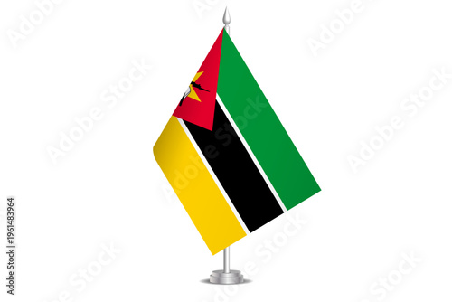 Mozambique flag - wavy stick flag of country, cultural identity and heritage. Represents national pride and unity. Vector table flag hanged on the short hoist. Isolated on white background