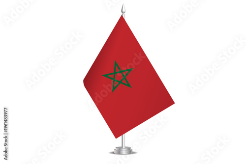 Morocco flag - wavy stick flag of country, cultural identity and heritage. Represents national pride and unity. Vector table flag hanged on the short hoist. Isolated on white background