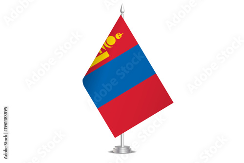Mongolia flag - wavy stick flag of country, cultural identity and heritage. Represents national pride and unity. Vector table flag hanged on the short hoist. Isolated on white background