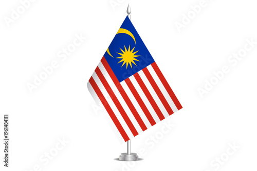 Malaysia flag - wavy stick flag of country, cultural identity and heritage. Represents national pride and unity. Vector table flag hanged on the short hoist. Isolated on white background