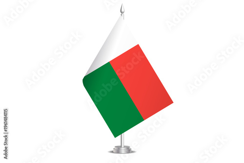 Madagascar flag - wavy stick flag of country, cultural identity and heritage. Represents national pride and unity. Vector table flag hanged on the short hoist. Isolated on white background