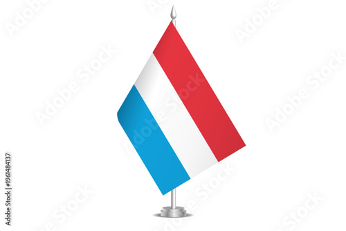 Luxembourg flag - wavy stick flag of country, cultural identity and heritage. Represents national pride and unity. Vector table flag hanged on the short hoist. Isolated on white background