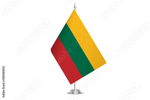 Lithuania flag - wavy stick flag of country, cultural identity and heritage. Represents national pride and unity. Vector table flag hanged on the short hoist. Isolated on white background