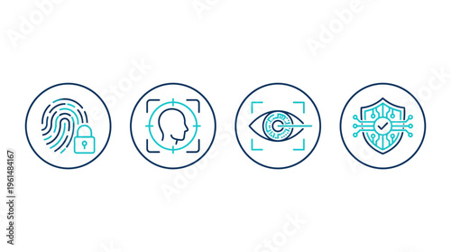 Comprehensive set of cybersecurity and biometric authentication icons, illustrating secure access, data protection, and personal verification through various advanced technologies