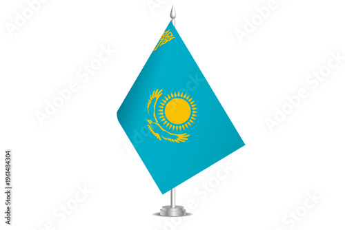Kazakhstan flag - wavy stick flag of country, cultural identity and heritage. Represents national pride and unity. Vector table flag hanged on the short hoist. Isolated on white background