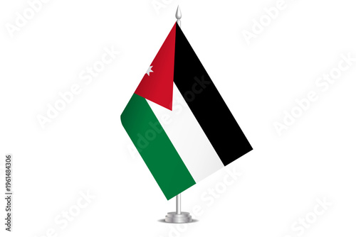 Jordan flag - wavy stick flag of country, cultural identity and heritage. Represents national pride and unity. Vector table flag hanged on the short hoist. Isolated on white background