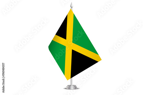 Jamaica flag - wavy stick flag of country, cultural identity and heritage. Represents national pride and unity. Vector table flag hanged on the short hoist. Isolated on white background