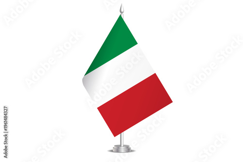 Italy flag - wavy stick flag of country, cultural identity and heritage. Represents national pride and unity. Vector table flag hanged on the short hoist. Isolated on white background