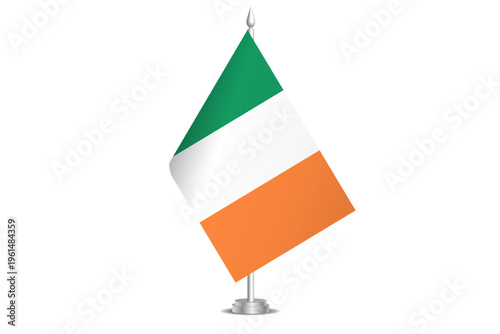 Ireland flag - wavy stick flag of country, cultural identity and heritage. Represents national pride and unity. Vector table flag hanged on the short hoist. Isolated on white background