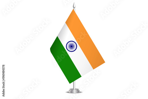 India flag - wavy stick flag of country, cultural identity and heritage. Represents national pride and unity. Vector table flag hanged on the short hoist. Isolated on white background