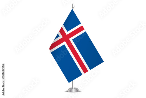 Iceland flag - wavy stick flag of country, cultural identity and heritage. Represents national pride and unity. Vector table flag hanged on the short hoist. Isolated on white background