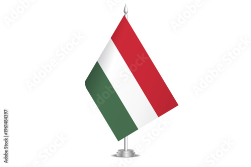 Hungary flag - wavy stick flag of country, cultural identity and heritage. Represents national pride and unity. Vector table flag hanged on the short hoist. Isolated on white background