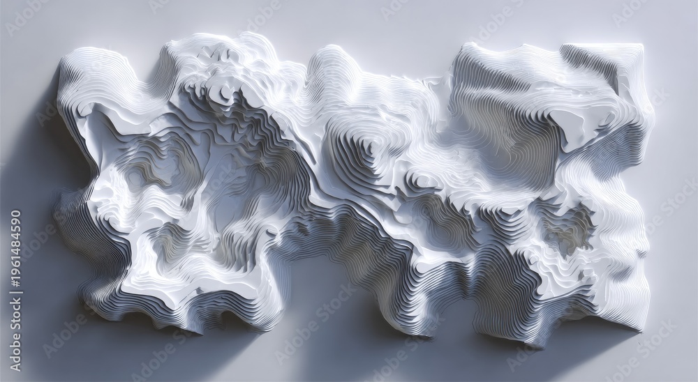 Fototapeta premium Abstract, organic, layered sculpture; white, textured form casts shadows on a smooth surface