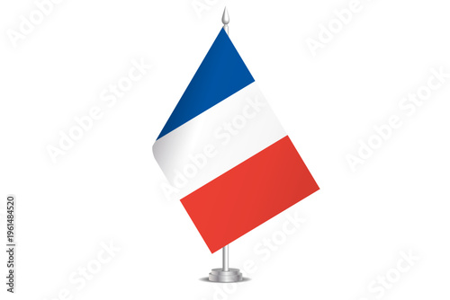 France flag - wavy stick flag of country, cultural identity and heritage. Represents national pride and unity. Vector table flag hanged on the short hoist. Isolated on white background
