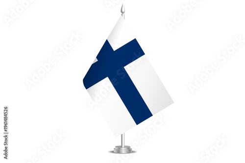 Finland flag - wavy stick flag of country, cultural identity and heritage. Represents national pride and unity. Vector table flag hanged on the short hoist. Isolated on white background
