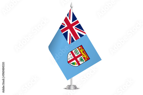 Fiji flag - wavy stick flag of country, cultural identity and heritage. Represents national pride and unity. Vector table flag hanged on the short hoist. Isolated on white background