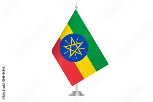 Ethiopia flag - wavy stick flag of country, cultural identity and heritage. Represents national pride and unity. Vector table flag hanged on the short hoist. Isolated on white background