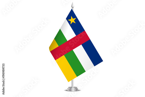 Central African Republic flag - wavy stick flag of country, cultural identity and heritage. Represents national pride and unity. Vector table flag hanged on the short hoist. Isolated on white