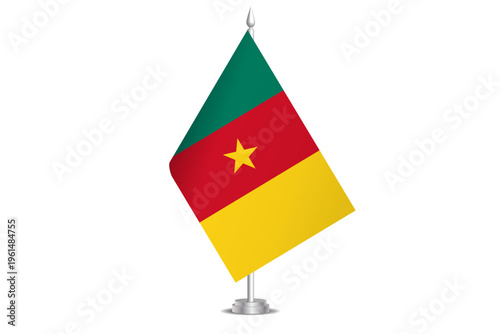 Cameroon flag - wavy stick flag of country, cultural identity and heritage. Represents national pride and unity. Vector table flag hanged on the short hoist. Isolated on white background