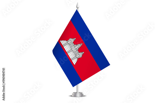 Cambodia flag - wavy stick flag of country, cultural identity and heritage. Represents national pride and unity. Vector table flag hanged on the short hoist. Isolated on white background