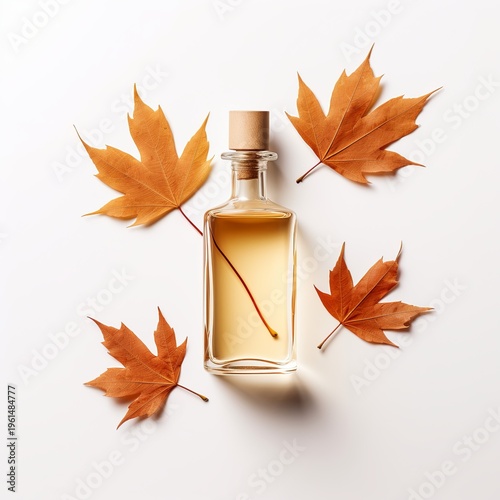Glass jar with amber liquid and cork stopper on white background with fall leaves