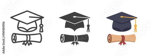Graduation cap and diploma in outline solid and color styles