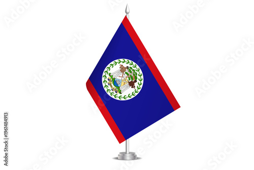 Belize flag - wavy stick flag of country, cultural identity and heritage. Represents national pride and unity. Vector table flag hanged on the short hoist. Isolated on white background