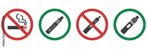 No smoking and no vaping signs with red prohibition circles and green allowed circles