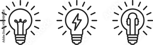 Three outline light bulbs one with filament one with lightning bolt one with headphones