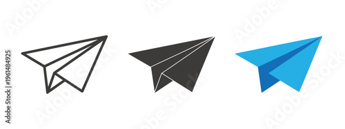 Three paper airplane in outline solid gray and blue on white background